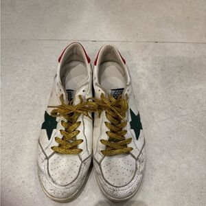 Custom Golden Goose White and Green Sneakers with Gold Laces and Red detail